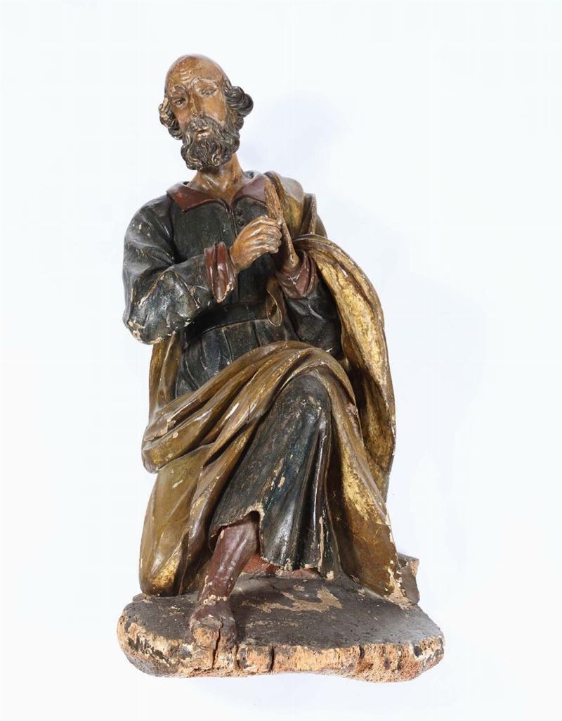 San Giuseppe in legno scolpito e dipinto. Scultore barocco italiano del XVII secolo  - Auction Sculpture and Works of Art - Time Auction - Cambi Casa d'Aste