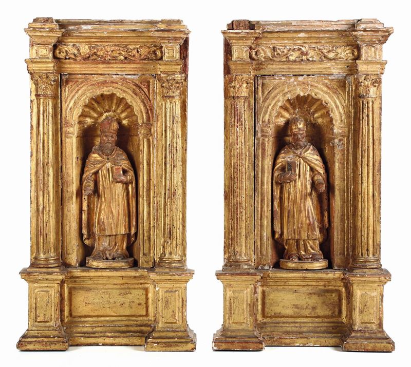 Due Santi Vescovi in legno intagliato e dorato. Arte italiana del XVII secolo  - Auction Sculpture and Works of Art - Cambi Casa d'Aste