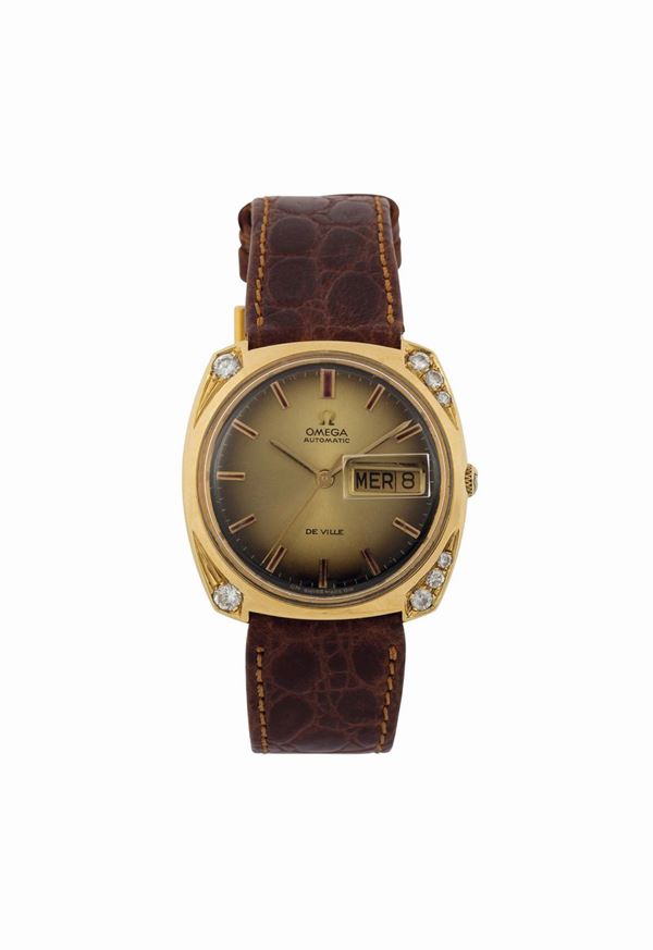 OMEGA, Automatic, De Ville, self-winding, center seconds, 18K yellow gold and diamonds wristwatch with day-date. Made circa 1970