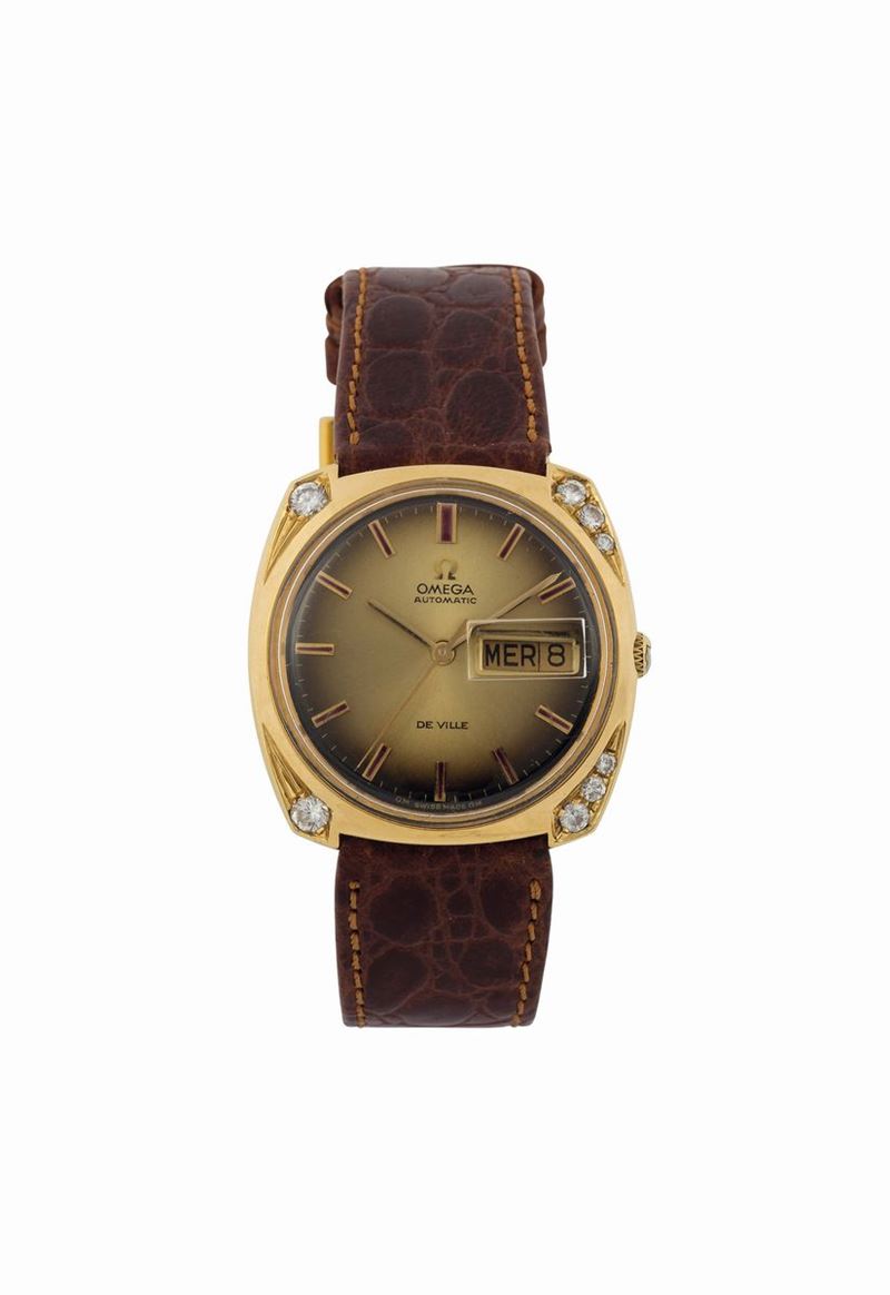 OMEGA, Automatic, De Ville, self-winding, center seconds, 18K yellow gold and diamonds wristwatch with day-date. Made circa 1970  - Auction Watches and Pocket Watches - Cambi Casa d'Aste