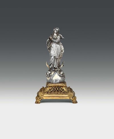 Statuetta Raffigurante L’immacolata Concezione in Argento e Rame Dorato e Traforato, Napoli, XIX ...