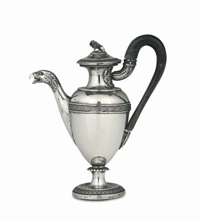 Caffettiera in Argento Sbalzato e Cesellato, Firenze, XIX Secolo, Marzocco Fiorentino.