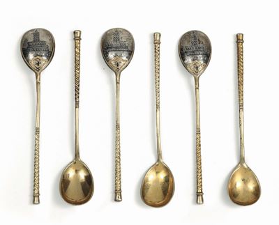 Sei Cucchiaini in Argento Fuso, Sbalzato, Inciso e Dorato, Mosca 18.., Saggiatore A. Romanov