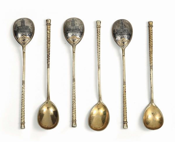 Six teaspoons in molten, embossed, chiselled and gilded silver, Moscow 18.., assayer A. Romanov