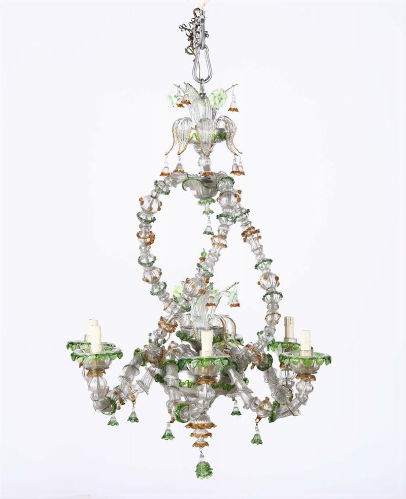 Lampadario in vetro di Murano a sei luci, XX secolo  - Auction Furniture - Cambi Casa d'Aste