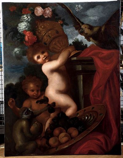 Domenico Piola (genova 1627-1703)gioco di Putti con Animali Fiori e Frutta