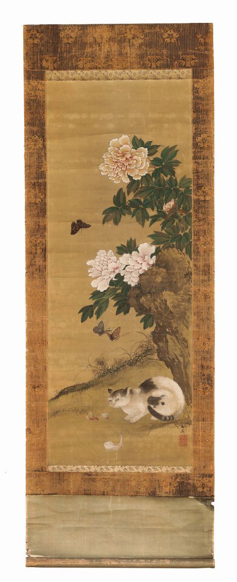 Dipinto su carta raffigurante gatto tra fiori e farfalle ed iscrizione, Cina, Dinastia Qing, XIX secolo