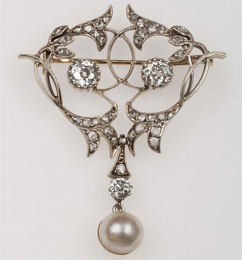 Spilla/pendente con diamanti di vecchio taglio e perla coltivata  - Asta Fine Jewels - II - Cambi Casa d'Aste