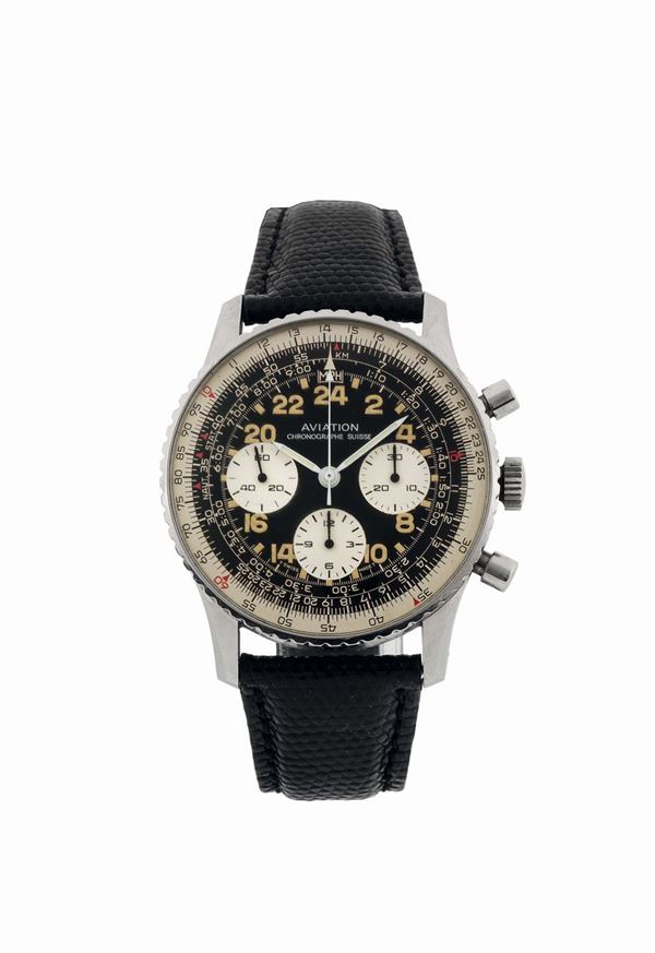 AVIATION, Chronographe Suisse, orologio da polso, cronografo in acciaio con scala telemetrica e regolo calcolatore. Accompagnato dalla Garanzia originale. Realizzato nel 1970 circa