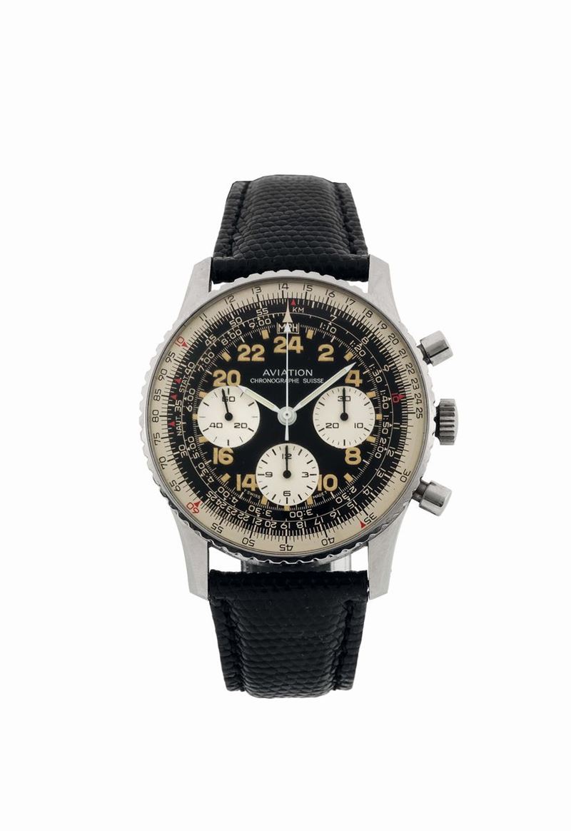 AVIATION, Chronographe Suisse, stainless steel, chronograph wristwatch with registers, telemeter and slide rule. Accompanied by the original Guarantee. Made circa 1970  - Auction Watches and Pocket Watches - Cambi Casa d'Aste