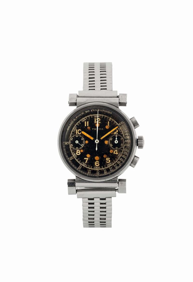 THUYA, stainless steel chronograph with register, pulsometer scale and original steel bracelet. Made circa 1940  - Auction Watches and Pocket Watches - Cambi Casa d'Aste