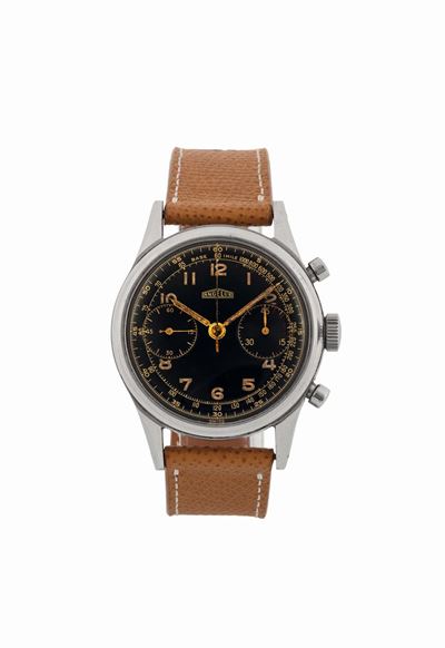 Angelus, Cassa No. 279955, Orologio da Polso, Cronografo in Acciaio con Registri e Scala Tachimet...