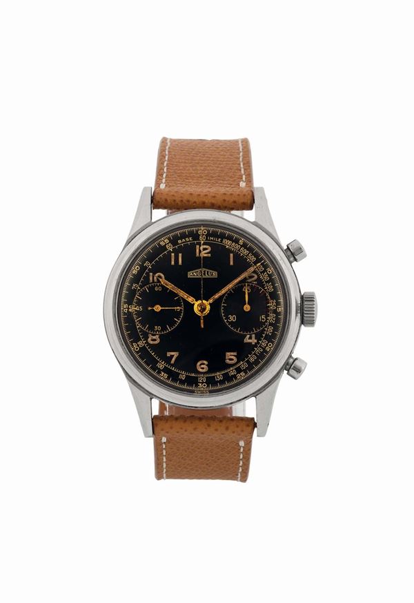 ANGELUS, case No. 279955, fine and rare stailess steel chronograph wristwatch with register and tachometer. Made circa 1950