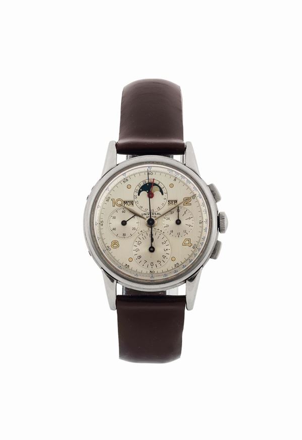 UNIVERSAL GENEVE, Ref. 22283, a fine and rare stainless steel triple calendar chronograph wristwatch with moon phases and tachometer. Made circa 1940
