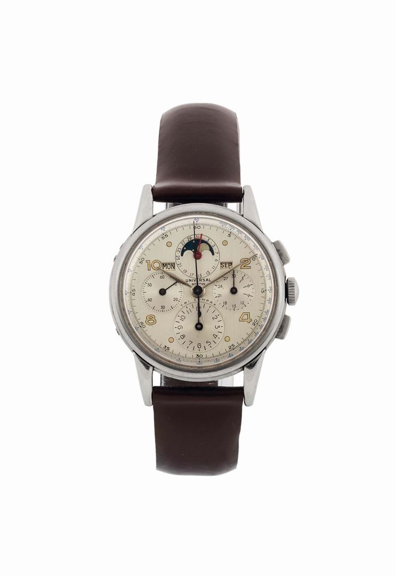 UNIVERSAL GENEVE, Ref. 22283, a fine and rare stainless steel triple calendar chronograph wristwatch with moon phases and tachometer. Made circa 1940  - Auction Watches and Pocket Watches - Cambi Casa d'Aste