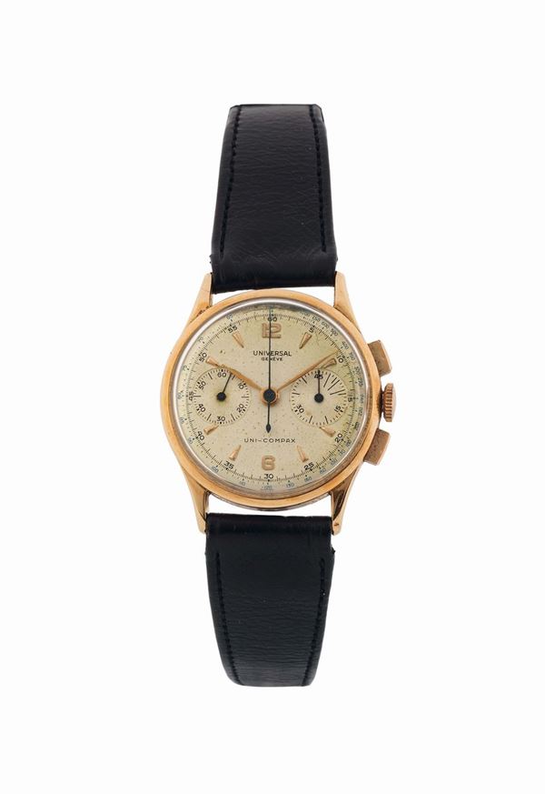 UNIVERSAL GENEVE, UNI-COMPAX, 18K yellow gold, chronograph wristwatch with register and tachometer. Made circa 1950