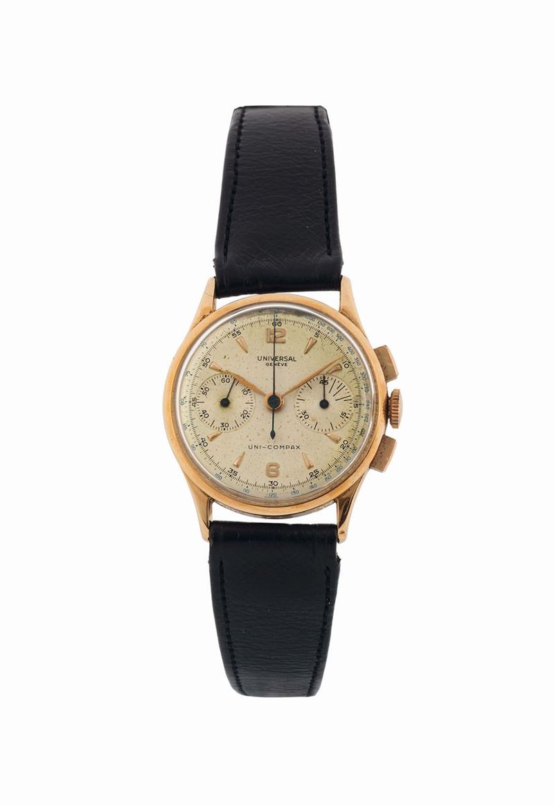 UNIVERSAL GENEVE, UNI-COMPAX, 18K yellow gold, chronograph wristwatch with register and tachometer. Made circa 1950  - Auction Watches and Pocket Watches - Cambi Casa d'Aste