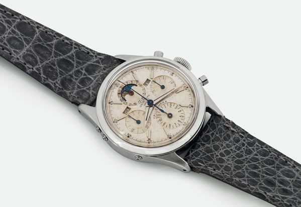 UNIVERSAL GENEVE, Ref. 22297/3, raro orologio da polso, cronografo, in acciaio con triplo calendario e fasi lunari. Realizzato nel 1950