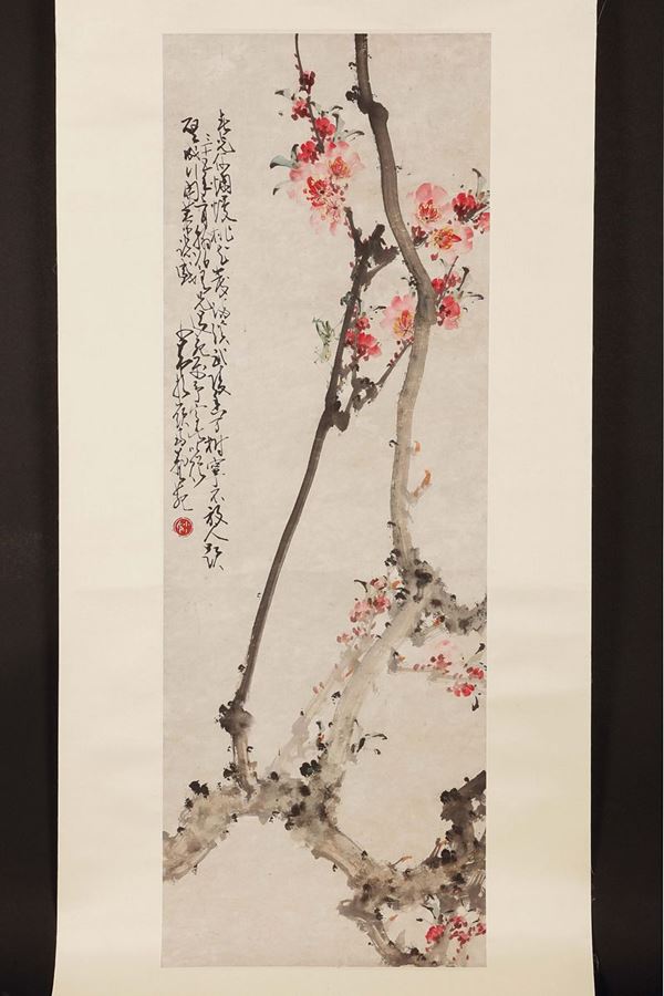 Dipinto su carta raffigurante rami di ciliegio in fiore ed iscrizione, artista Zhao Shao'ang, inizio XX secolo