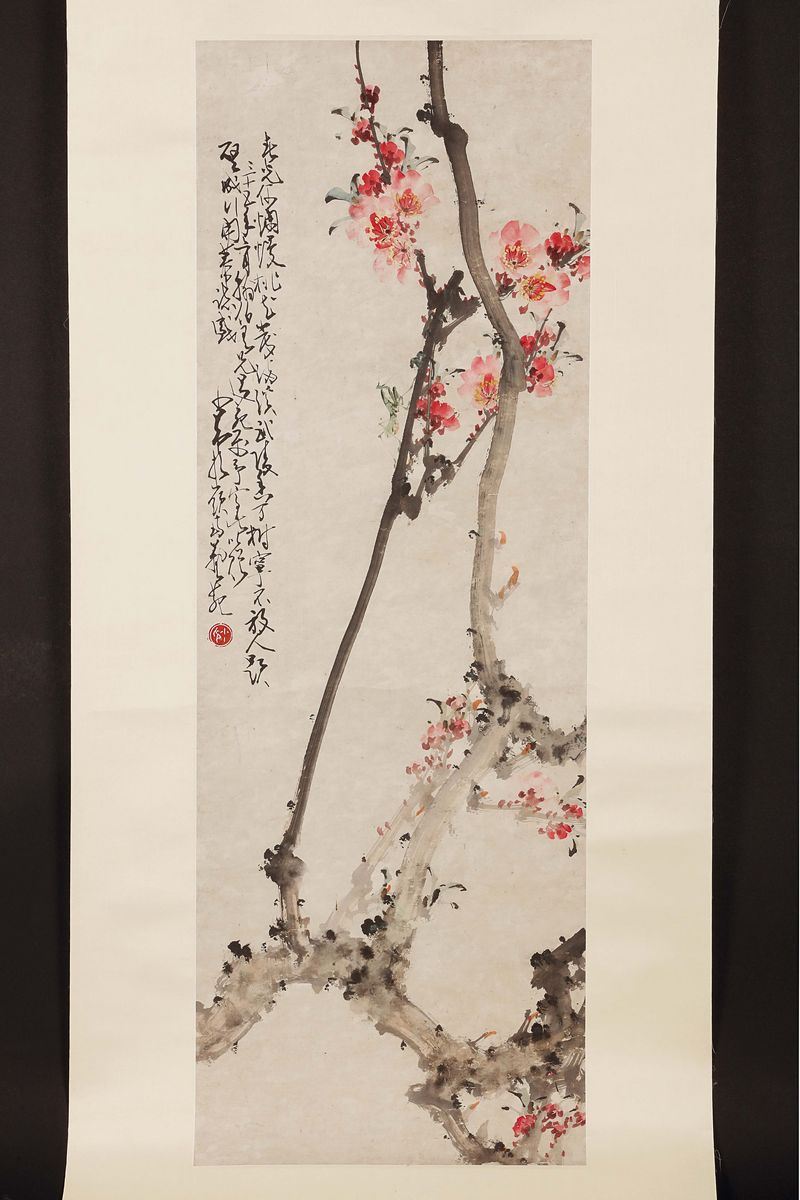 Dipinto su carta raffigurante rami di ciliegio in fiore ed iscrizione, artista Zhao Shao'ang, inizio XX secolo  - Asta Fine Chinese Works of Art - Cambi Casa d'Aste
