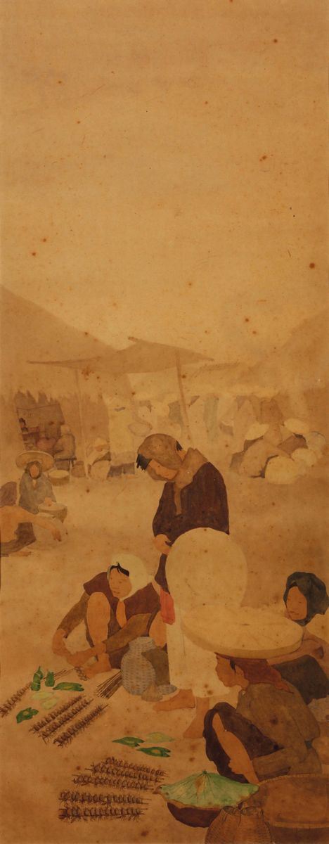 A painting on paper depicting peasants, Vietnam, 20th century