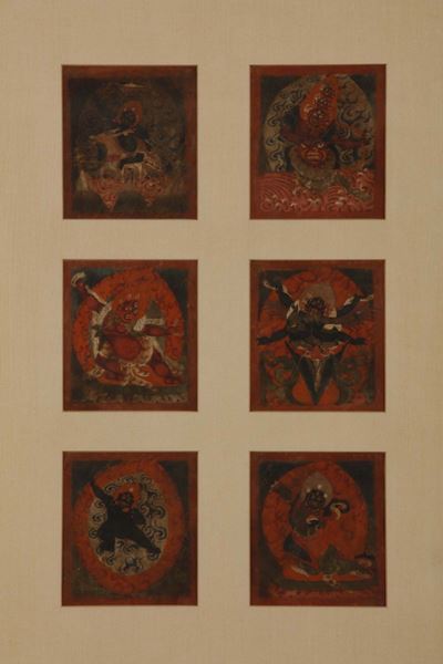 Tre Cornici con All’interno Tanka in Miniatura con Immagini di Divinità e Preghiere, Tibet, XVIII...