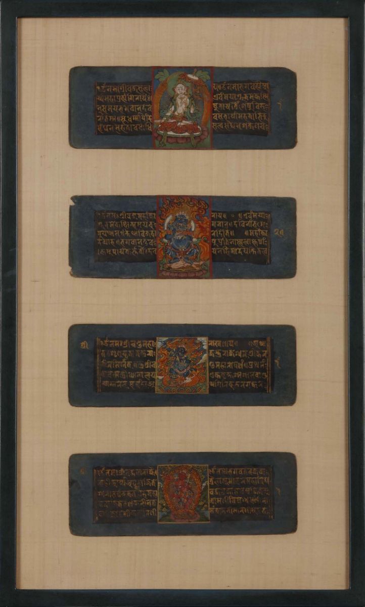 Tre Cornici con All’interno Tanka in Miniatura con Immagini di Divinità e Preghiere, Tibet, XVIII...