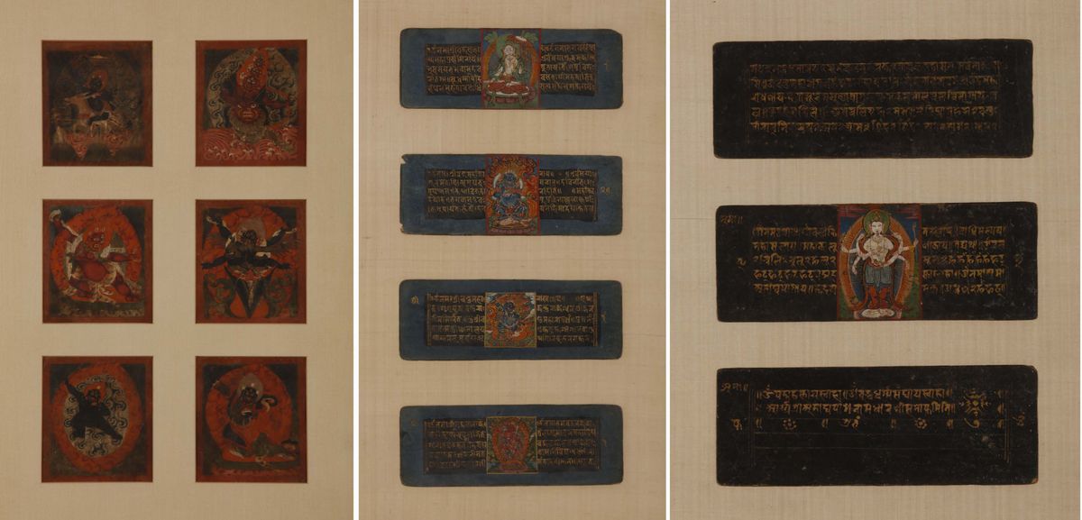 Tre Cornici con All’interno Tanka in Miniatura con Immagini di Divinità e Preghiere, Tibet, XVIII...