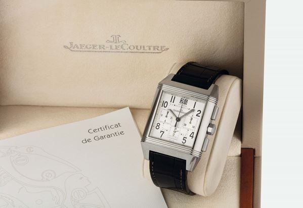JAEGER LECOULTRE, REVERSO SQUADRA CHRONOGRAPH GMT STEEL, Ref. 230.8.45. Fine, large, rectangular and reversible, stainless steel, self-winding, water-resistant, two-time-zone wristwatch with square-button chronograph, registers, large double date and a stainless steel Jaeger LeCoultre double deployant clasp. Accompanied by a Jaeger-LeCoultre  box, Guarantee and Instruction manual. Made circa 2010