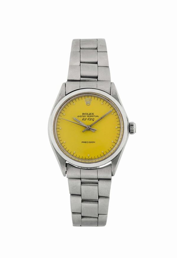 ROLEX, Oyster Perpetual, Air-King, Precision, Yellow Dial, REF. 5500, case No 3571569. Fine, center seconds, self-winding, water-resistant, stainless steel wristwatch with a stainless steel Rolex Oyster bracelet with deployant clasp. Made circa 1973