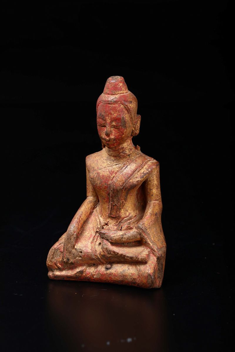 Figura di Buddha Seduto Scolpito in Legno, Thailandia, XVIII Secolo