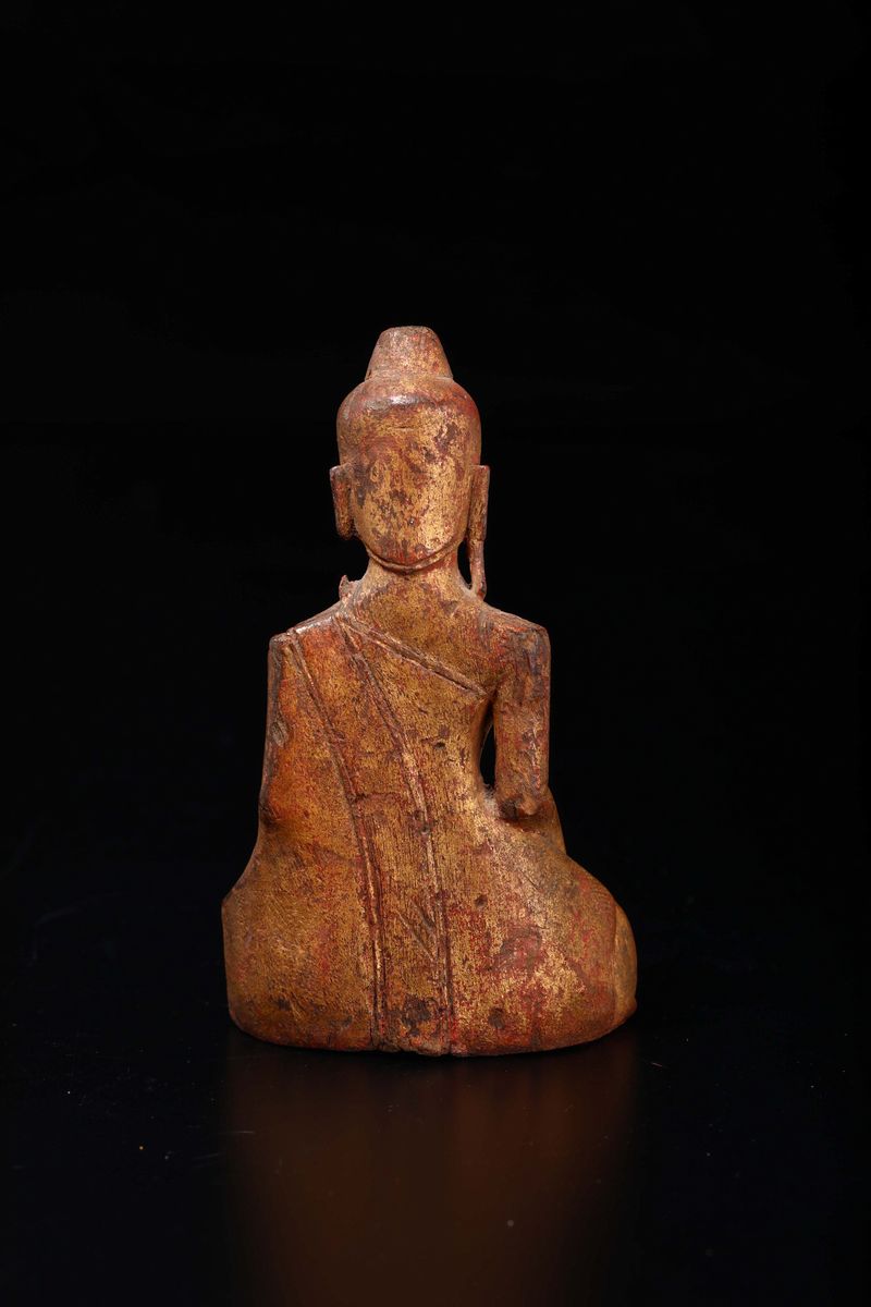 Figura di Buddha Seduto Scolpito in Legno, Thailandia, XVIII Secolo