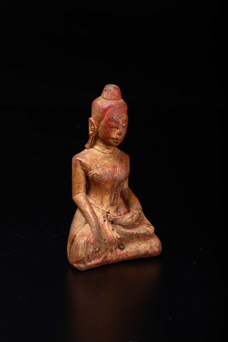 Figura di Buddha Seduto Scolpito in Legno, Thailandia, XVIII Secolo