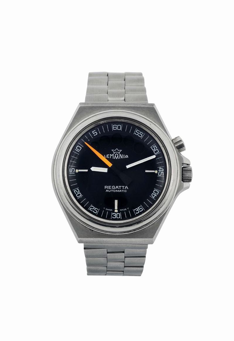 LEMANIA, Regatta-Automatic,  water resistant, self-winding, stainless steel, fly-back  wristwatch with original bracelet and deployant clasp. Made circa 1980  - Auction Watches and Pocket Watches - Cambi Casa d'Aste