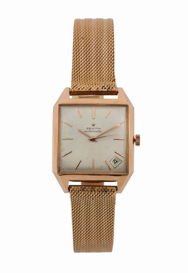 ZENITH, Automatic, self-winding, 18K yellow gold square wristwatch with date and gold bracelet. Made circa 1960