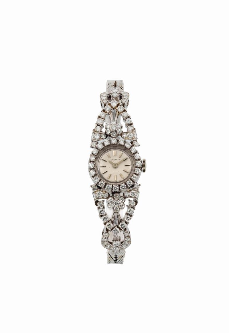 LONGINES, elegante, orologio da signora, in oro bianco 18K con brillanti e bracciale in oro bianco. Realizzato nel 1960 circa  - Asta Orologi da Polso e da Tasca - Cambi Casa d'Aste