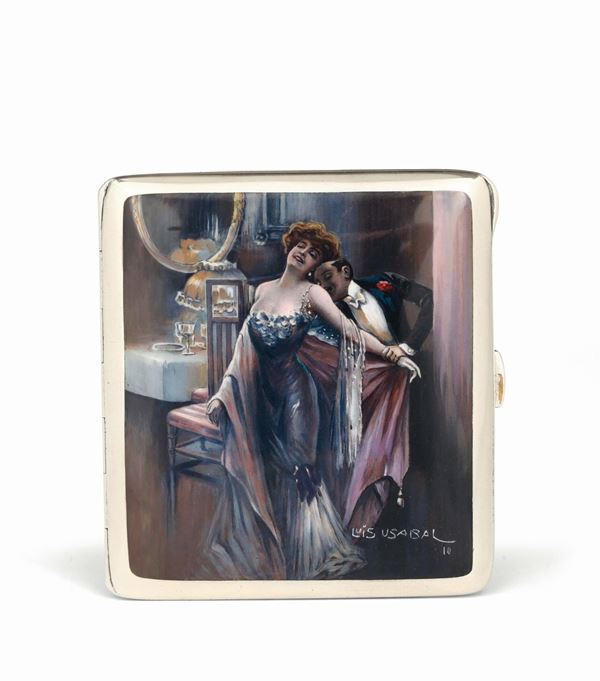 A cigarette case in silver and enamels, Germany 1910, signed Luis Usabal