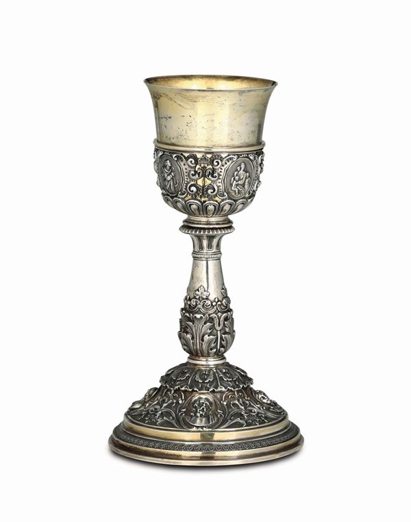 A goblet in embossed, chiselled and gilded silver, Milan, second half of the 19th century, stamps from the Guarantee Office and mark for silversmith Tommaso Panizza (1849-1868)