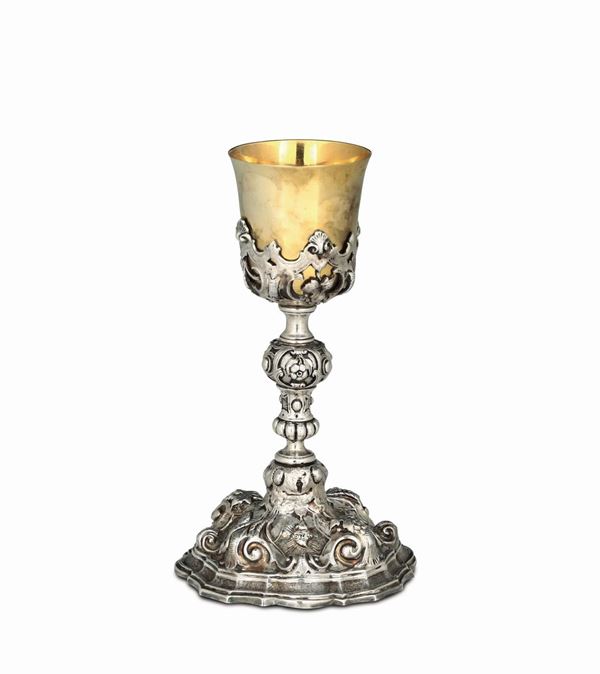 A goblet in embossed, chiselled and gilded silver, Italian manufacture, 18th century