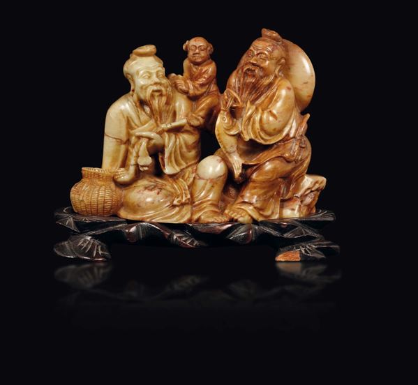Two soapstone wise men groups, China, Qing Dynasty, late 19th century