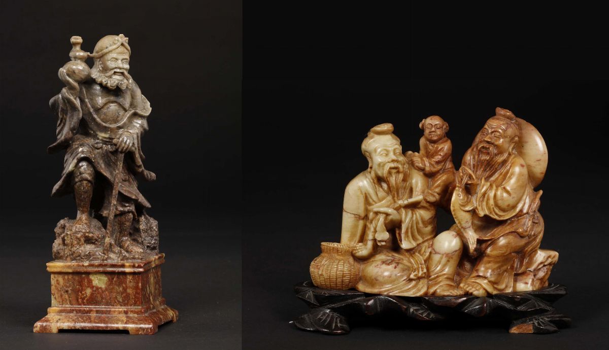 Due Sculture in Saponaria Raffiguranti Saggi, Cina, Dinastia Qing, Fine XIX Secolo