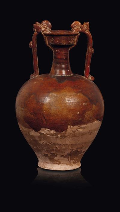 Vaso a Doppia Ansa in Grès a Smalto Marrone, Cina, Dinastia Song (960-1279)