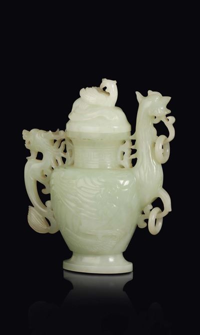 Brocca in Giada Bianca con Manico e Beccuccio a Guisa di Fenice, Cina, Dinastia Qing, XIX Secolo