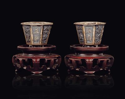 Coppia di Coppette in Argento con Iscrizioni, Cina, Dinastia Qing, Fine XIX Secolo