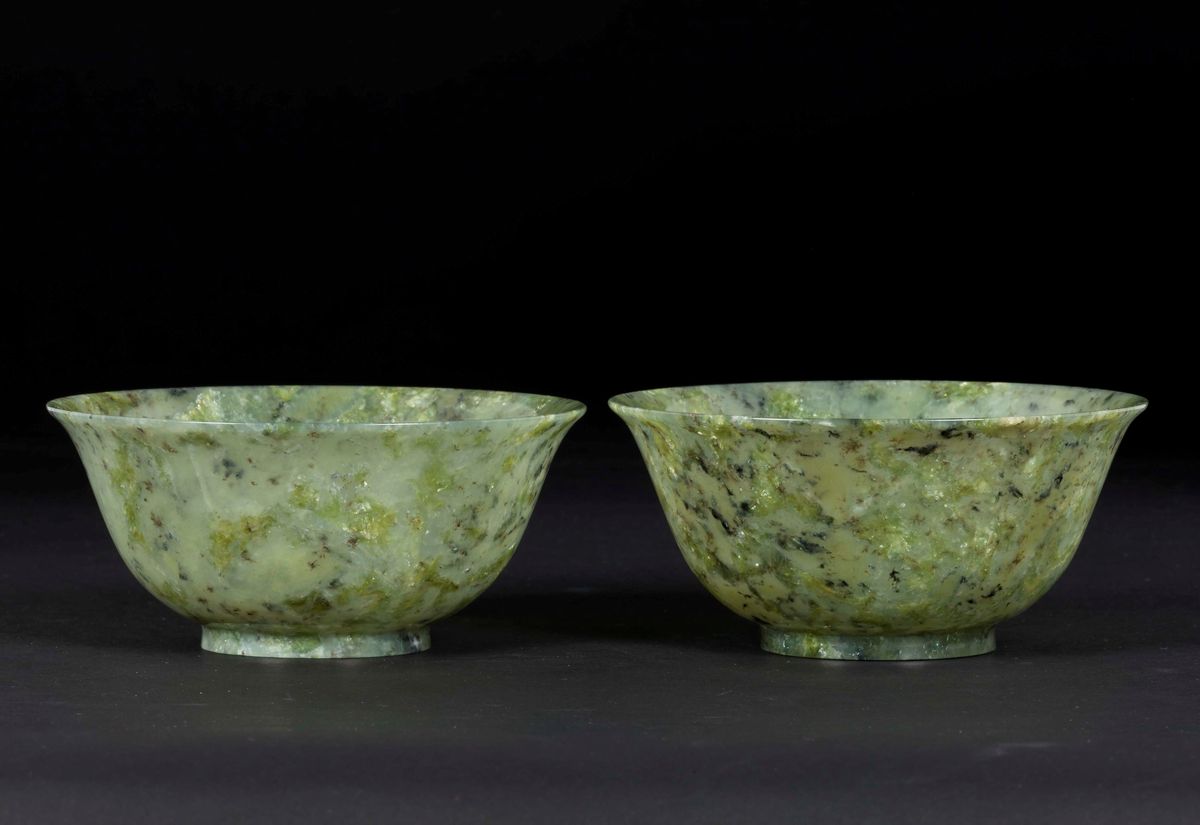 Coppia di Ciotole in Giada Verde, Cina, Dinastia Qing, Fine XIX Secolo