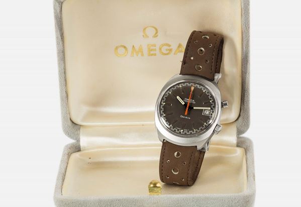 OMEGA, Chronostop, Ref. 146.010, orologio da polso, impermeabile,  in acciaio, con datario e cinturino Omega con chiusura deployante originale. Accompagnato da una scatola Omega. Realizzato nel 1969 circa