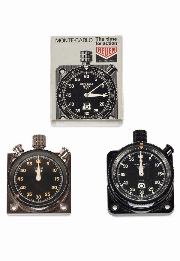 HEUER, SET OF TWO DASHBOARD CAR TIMERS . Accompanied by the Guarantee, box and tools for fixing in the car. Made circa 1980