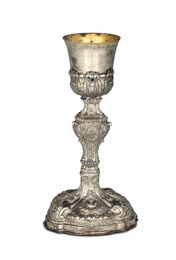 A goblet in embossed and chiselled silver, Messina, end of the 18th century, guarantee mark for the city and unidentified silversmith's and consul's marks