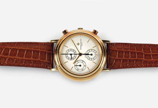 Vacheron Constantin, “Chronograph, Automatic,” movement No. 765912, case No. 605953, Ref. 47001. Fine, self-winding, water-resistant, 18K yellow gold wristwatch with round button chronograph, registers and an 18K yellow gold Vacheron Constantin buckle. Accompanied by original box and Guarantee. Made in the 1990's.