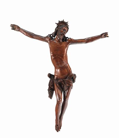 Scultura in Legno di Bosso Rappresentante Crocifisso Coronato, Arte Spagnola o Sud Italiana del X...